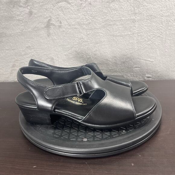 SAS Suntimer Size 9.5M Black T-Strap Leather Slingback Comfort Adjustable Sandal - Picture 1 of 10